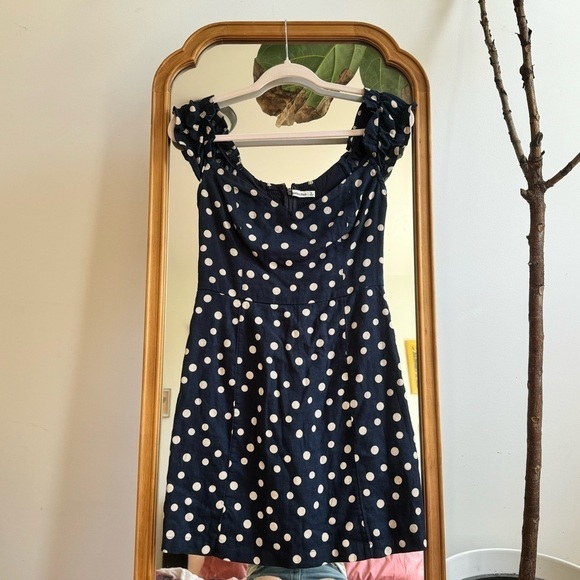 NWOT Abercrombie & Fitch Navy Linen Polka Dot Mini Dress Small Linen Blend - Picture 3 of 6